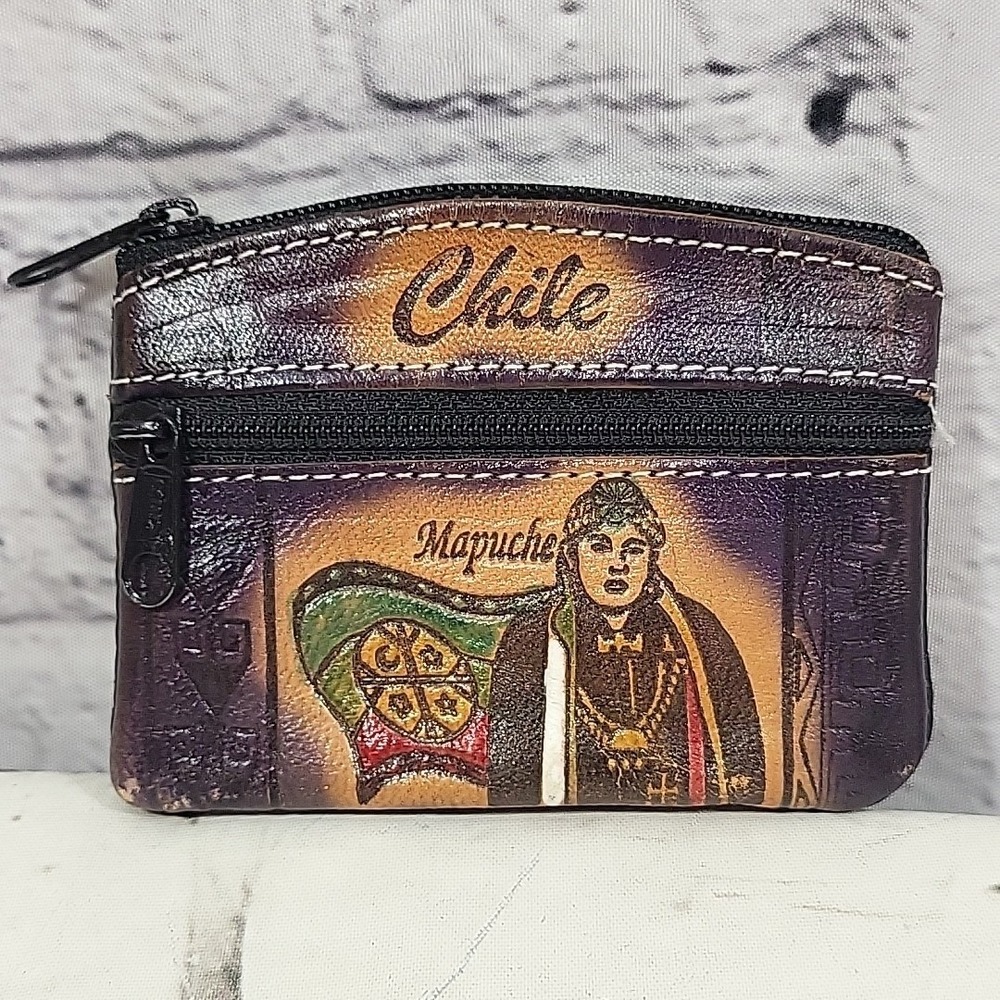 Vintage Chile Mapuche Tooled Leather Coin Purse Travel Souvenir‎ Double Pocket